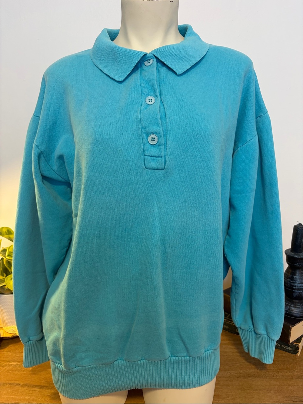 VINTAGE Cotton Ginny Turquoise Blue Collared Polo Sweatshirt